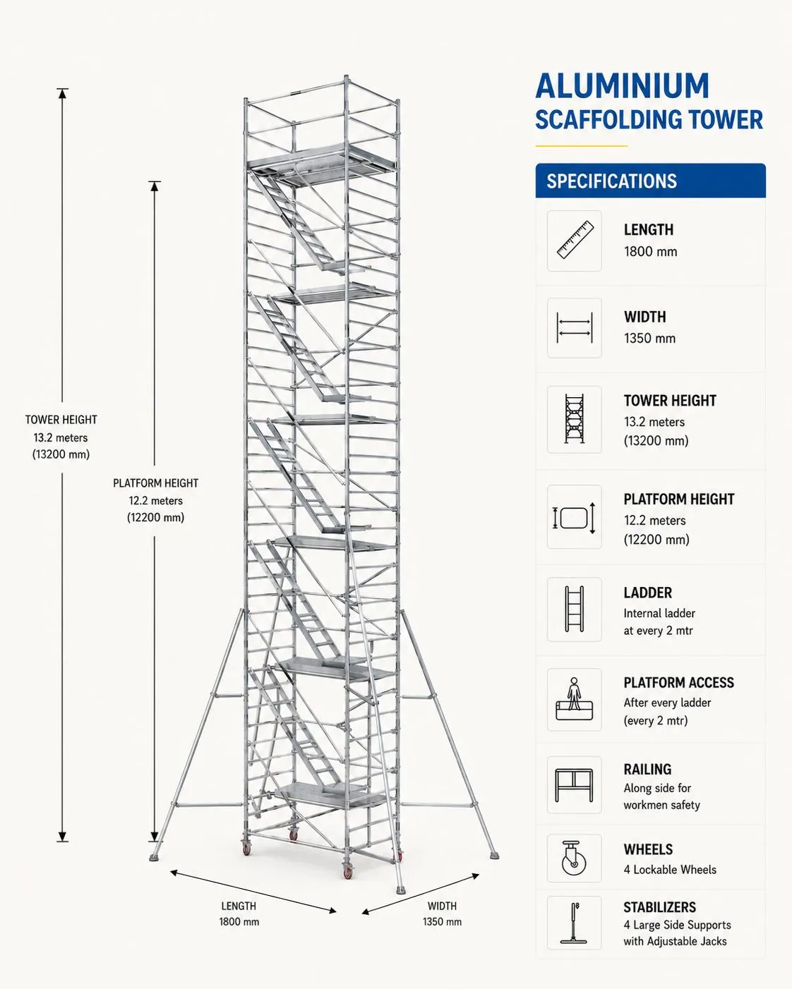 13.2 meter aluminium scaffolding tower system for maximum industrial height access