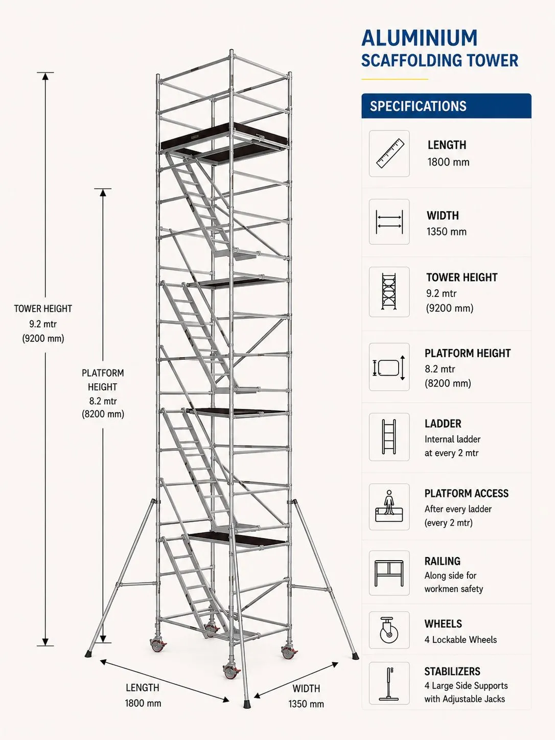 9.2 meter aluminium access tower for industrial construction and maintenance projects