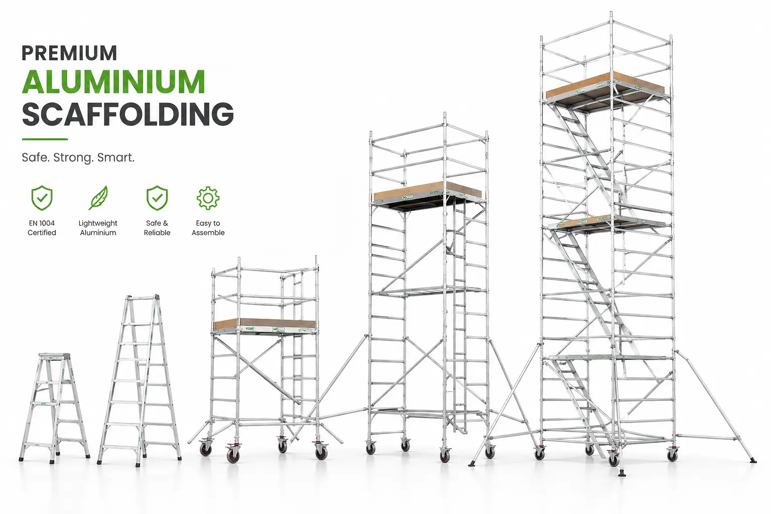 Array of Premium Aluminium Scaffolding Systems from ladders to multi-level towers
